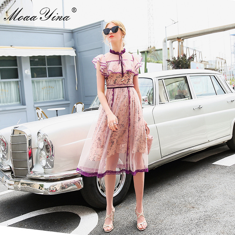 Fashion Runway dress Spring Summer Women's Dress Stand collar Mesh Butterfly Sleeve Floral-Print Lace Elegant Dresses 210524