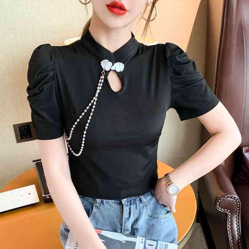 Retro Button Chain Bubble Sleeve Shirt Women's Spring Casual Solid Color Blouse Lady Slim Tops Blusas Mujer White Black 210515