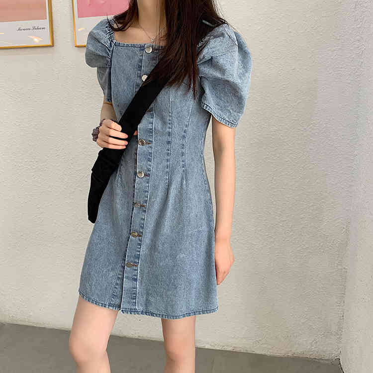 XS-XL summer mini dress korean style solid color square collar denim dress womens off shoulder jeans dresses (71050) 210423