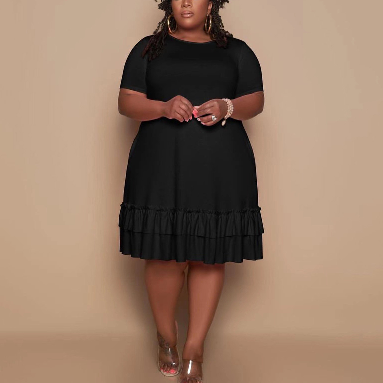 4XL 5XL Plus Size Dresses For Womens Pink Solid Loose Straight Knee Length Fashion Daily Wear Vestidos Dress Midi Cloth 210510