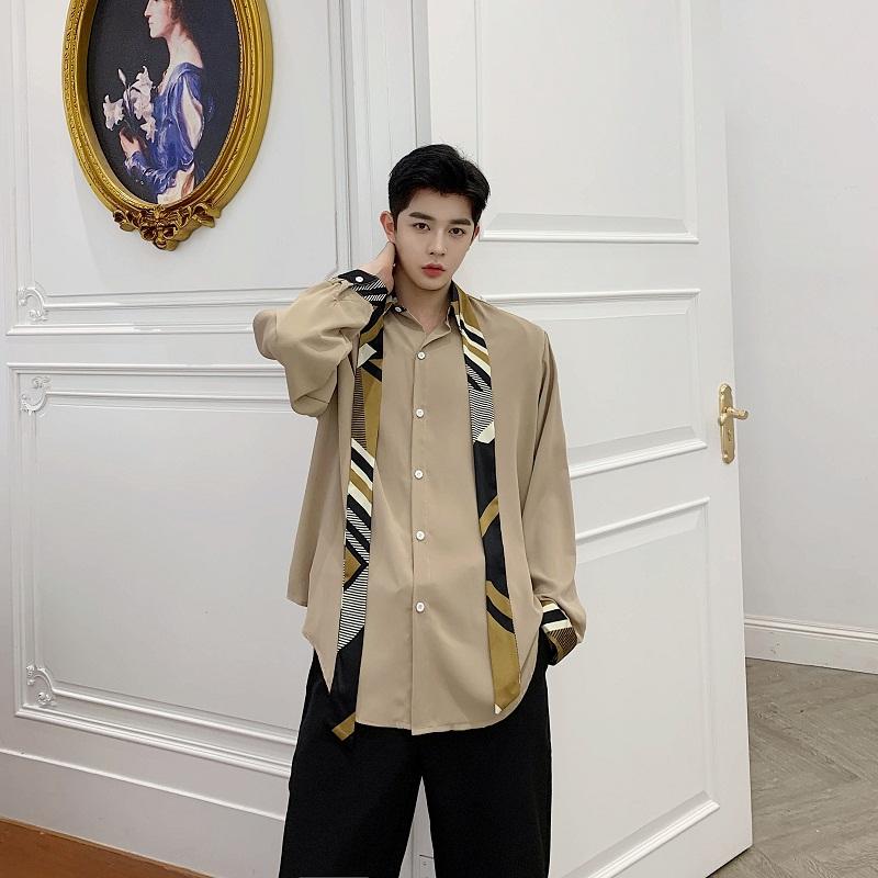 Men's Casual Shirts Men Vintage Splice Collar Bow Tie Long Sleeve Loose Japan Korea Style Male Fashion Show Dress Stage Clothes