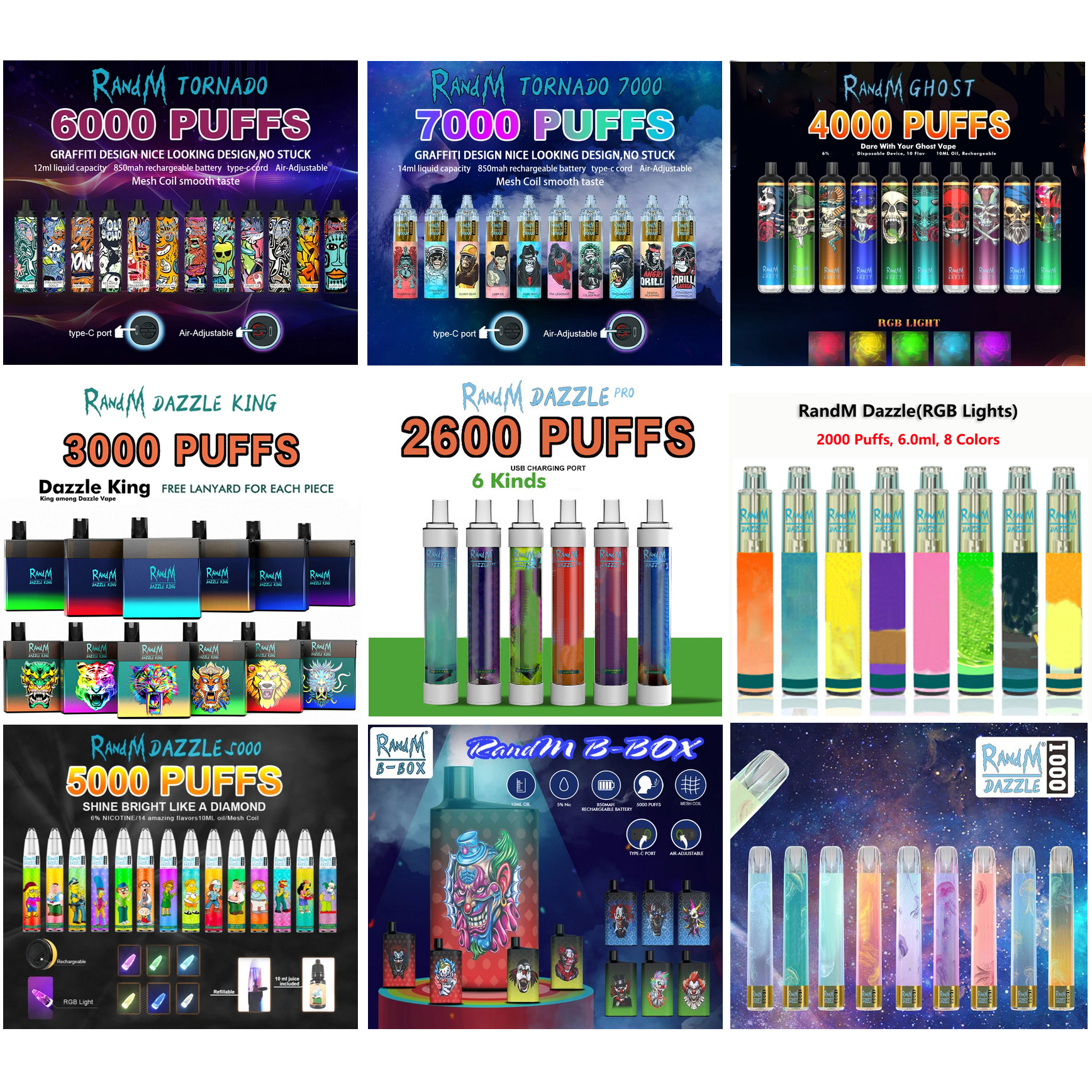 Disposable E Cigarette Original RandM Dazzle 3000 5000 Puffs Large Capacity Vape Pen Device Ghost 4000Puffs RGB Light Tornado 6000 7000 With Mesh Coils King Vapor
Disposable E Cigarette Original RandM Dazzle 3000 5000 Puffs Large Capacity Vape Pen Device Ghost 4000Puffs RGB Light Tornado 6000 7000 With Mesh Coils King Vapor