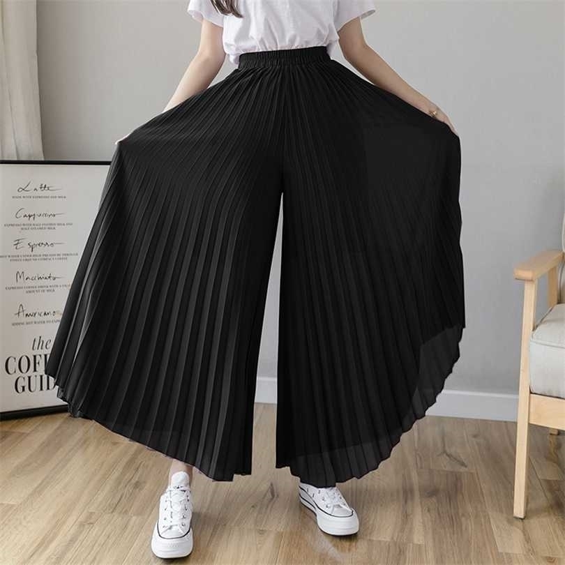 Women Summer Autumn Pleated Loose Pants Fashion Female Chiffon Elastic Waist Skirt Black Blue Wide Leg Femme 211124Z