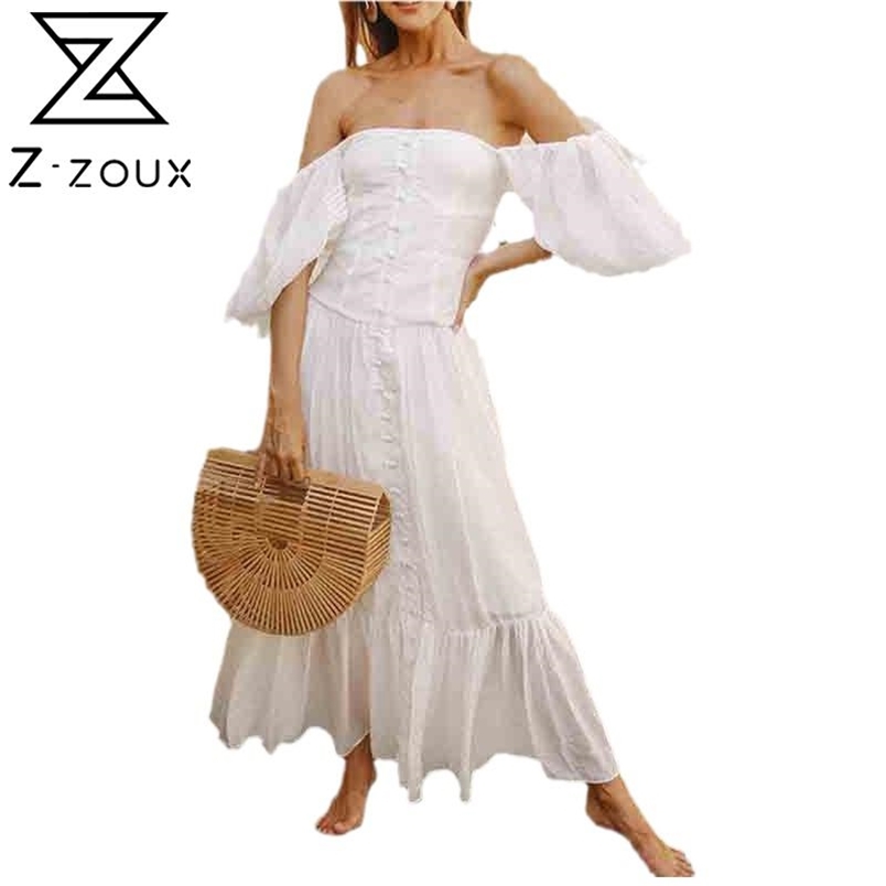 Women Dress Lantern Sleeve Slash Neck White Beach Dresses Vintage Sexy Off Shoulder Long Summer 210513