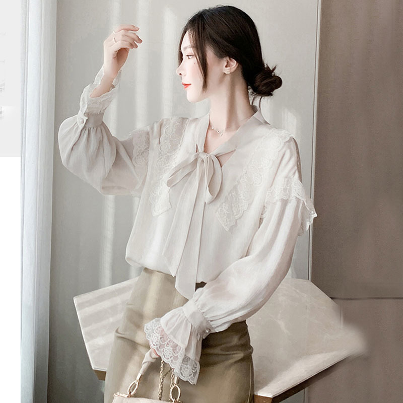 Hong Kong Style Retro Chiffon Shirts Women Strappy Shirt Spring Lace Ruffled Trumpet Sleeve Top Woman's Blouses 13210 210427