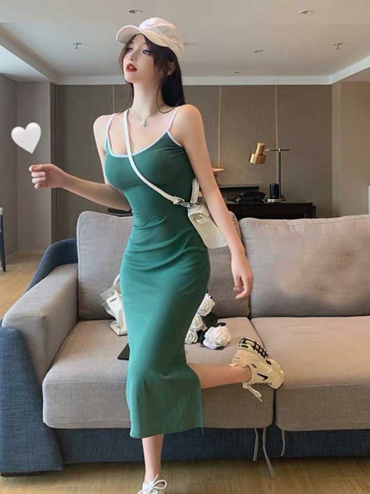 y2k long bodycon dress with slit sexy sleeveless midi women summer green sling high waist 210604
y2k long bodycon dress with slit sexy sleeveless midi women summer green sling high waist 210604