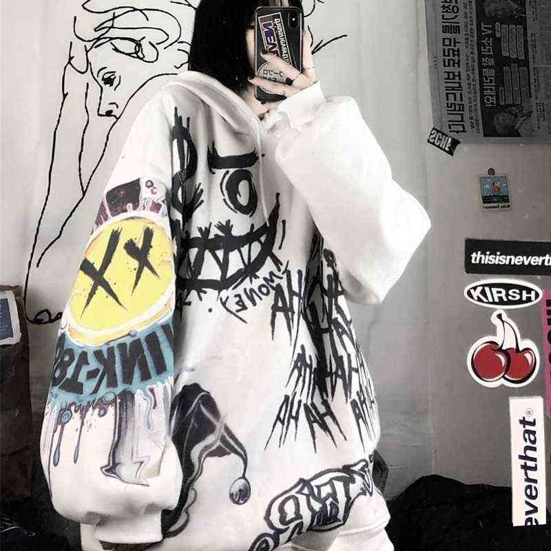 FERNAN Goth Sweatshirts Women Grunge Japan Style Anime Hip Hop Hoodie Oversized Punk Female Tops Long Sleeve Gothic Alt Clothes 211108
