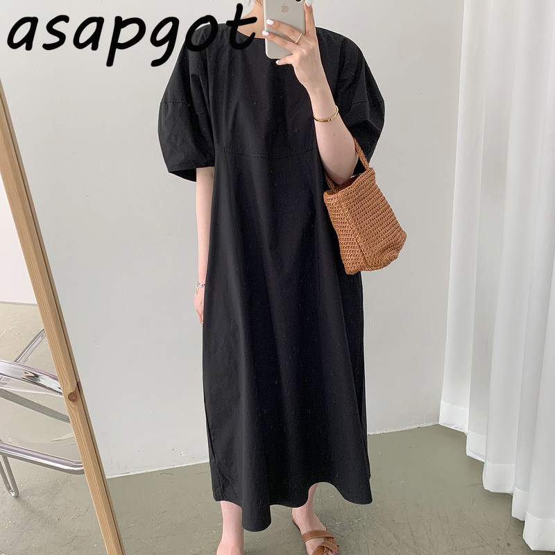 Minimalist Mint Green O Neck Puff Short Sleeve Loose Dress Women Casual Vestido De Mujer Summer Chic Korean Fashion 3 Color 210429