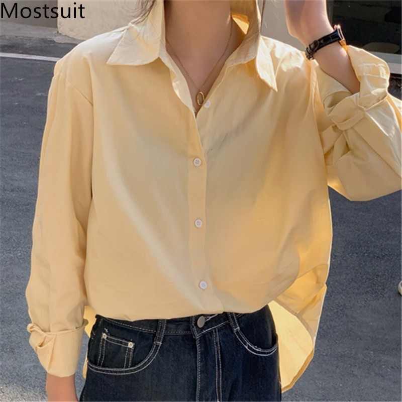 Korean Solid Women Shirt Tops Autumn Full Sleeve Single Breasted Blouses Loose Fashion Basic Female Blusas Femme 210514