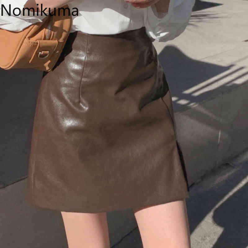 Nomikuma Sexy Split PU Leather Skirts Womens Summer New High Waist Skirt Korean Fashion Faldas Largas Mujer 6G949 210427