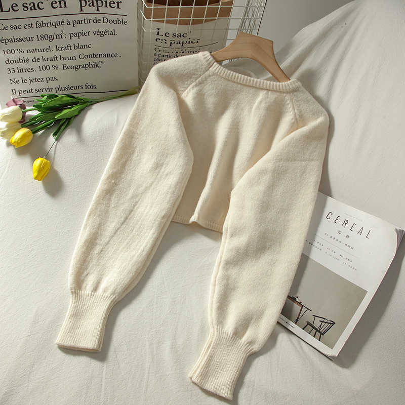 Korobov Preppy Style Streetwear Crop Knit Pullovers Korean Long Sleeve O Neck Solid Sweaters Vintage Jumper Femme 211011Z