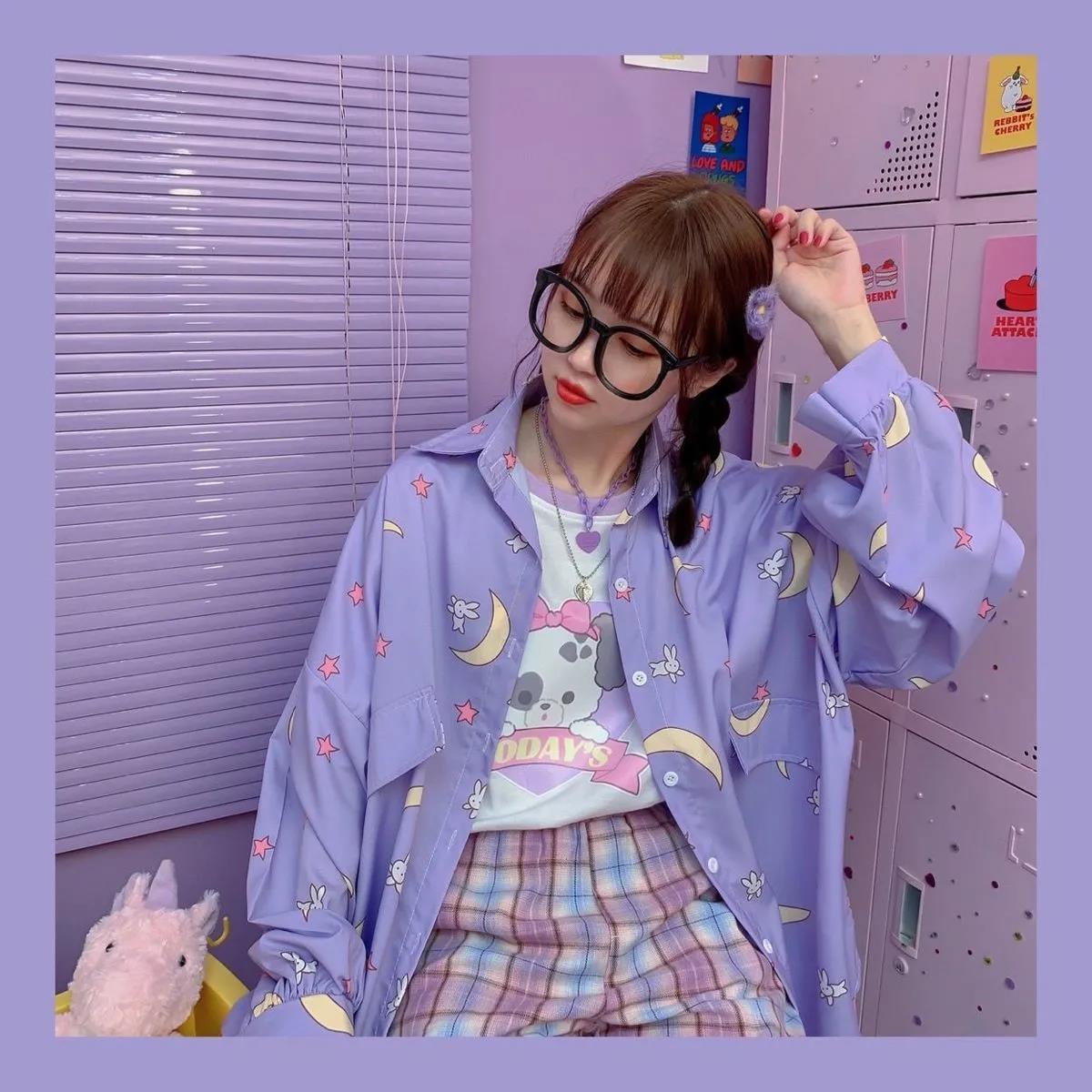 Moon Rabbit Printed Japanese Kawaii Blouse Women Casual Loose Female Purple Shirt Fashion Streetwear Blusas 210519