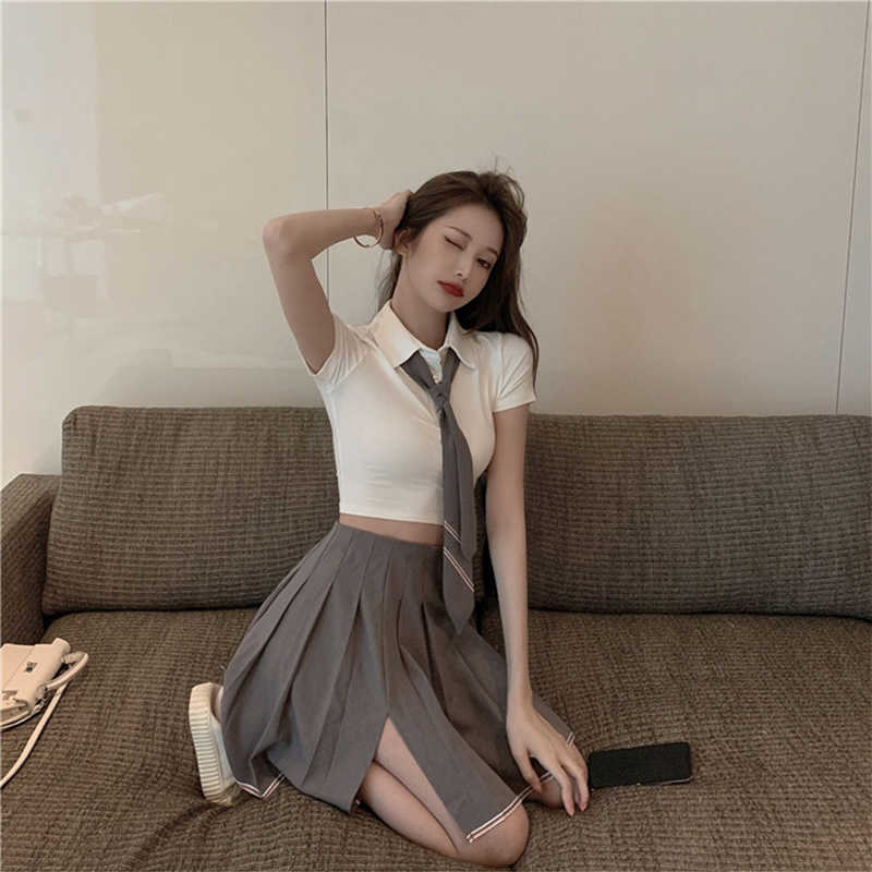 WOMENGAGA Korea Sexy JK Tops Suit Women's + Split Pleated Mini Dress Two Piece Summer Women Student 78XY 210603
