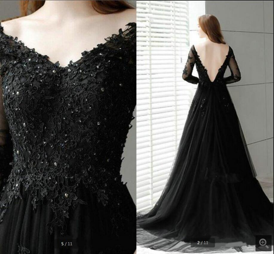 Black Tulle V Neck A Line Prom Dresses Long Sleeve Beaded Lace Appliques Elegant Formal Evening Party Gowns Backless Sexy Side Slit Red Carpet Dress F