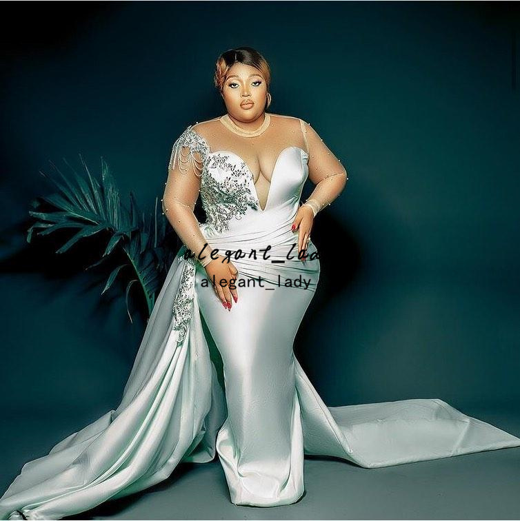 Plus Size Mermaid African Wedding Dresses 2022 Illusion Long Sleeve Arabic Aso Ebi Lace Beaded Outdoor Garden Bridal Dress with Overskirt