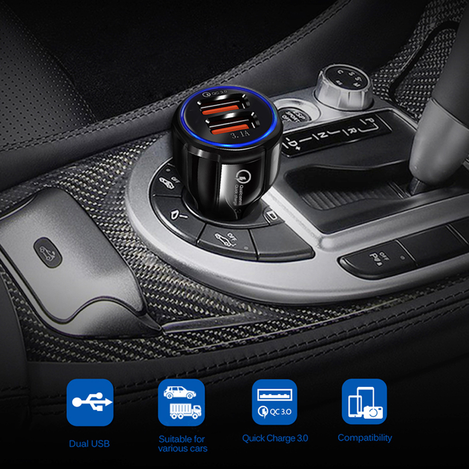 QC3.0 Dual USB Auto Charge 5V3A Turbo Fast Charging Mobile Phone Charger For iPhone Xiaomi Car Adapter