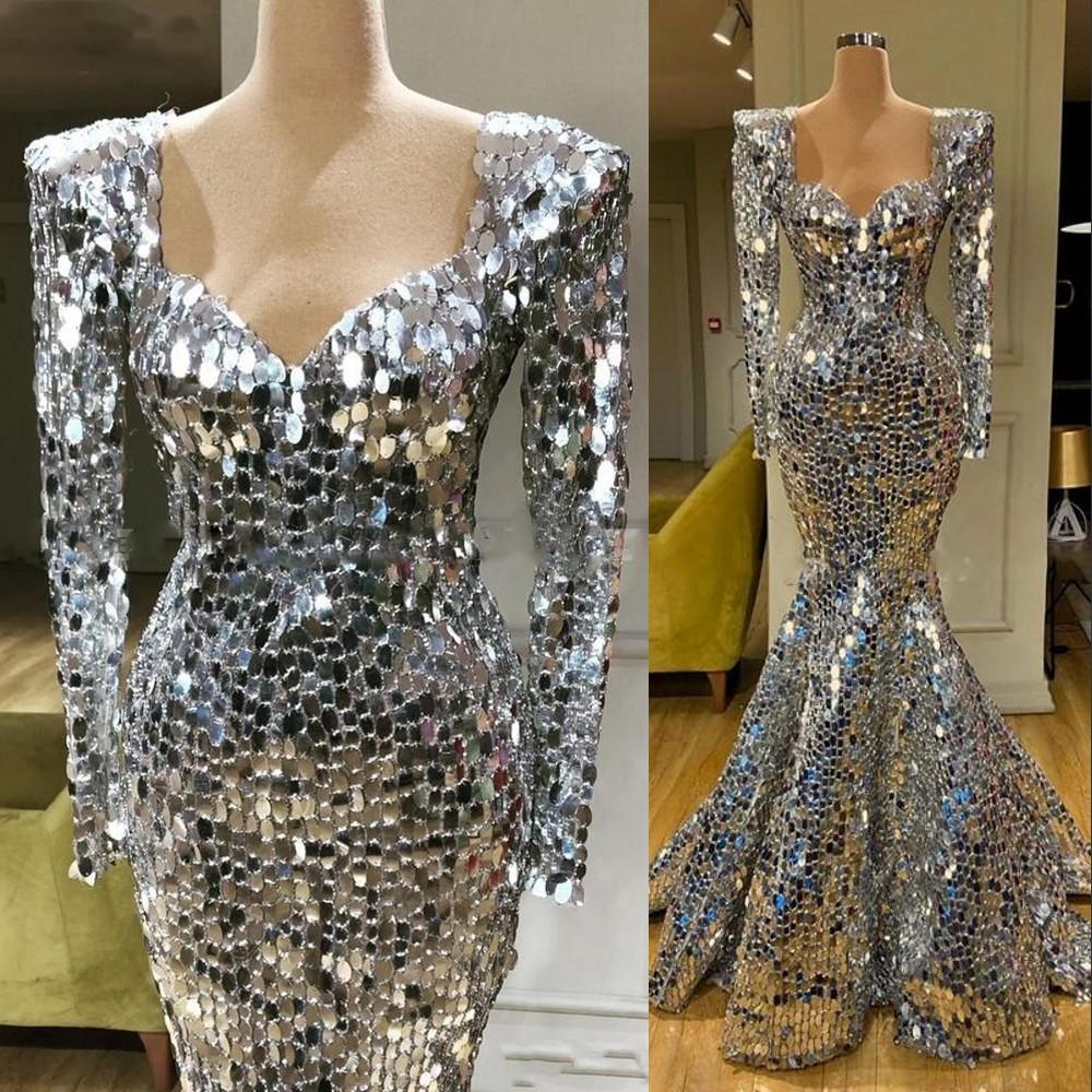 Sparkly Sequins Silver Mermaid Evening Dresses Long Sleeves Arabic Dubai sweetheart Elegant Women Formal Party prom Gala Gowns