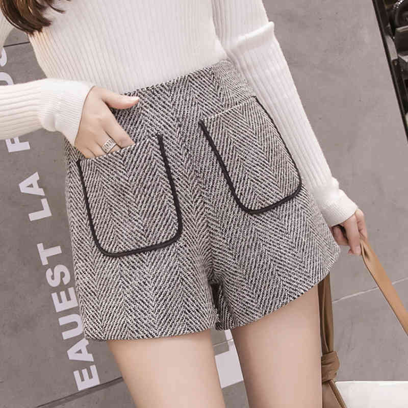 Wide-legged trousers pantalones mujer cintura alta office women Plaid pocket autumn winter Wool 7405 50 210427