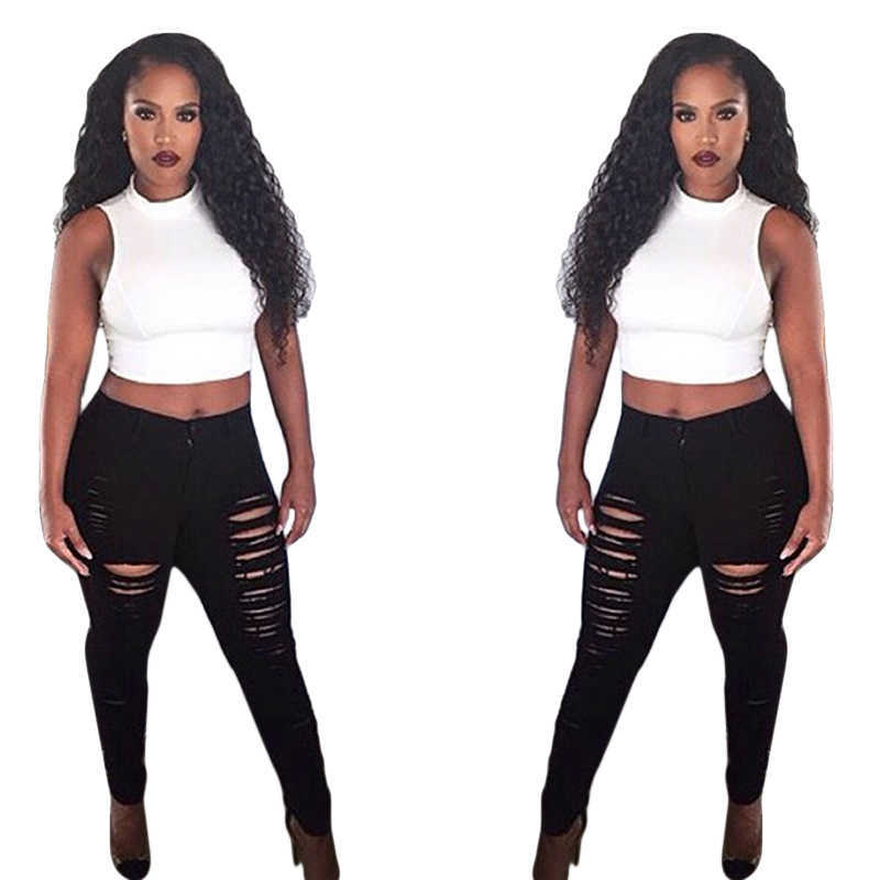 Autumn Summer Hole Ripped Jeans Women Sexy Denim High Waist Elastic Pencil Pants Capris Skinny Slim Black White Jeans Female 210616