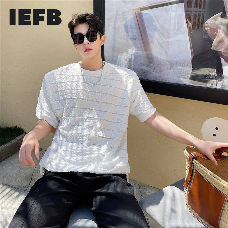 IEFB Korean Hollow Out Fabric Short Sleeve Men's Black White T-shirt Loose Casual Round Collar Trend Tee Tops Summer 9Y7280 210524