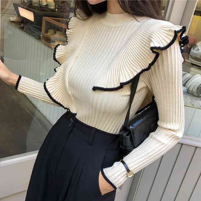 Autumn fashion Hit Color Ruffled Stitching Women's Pullover Sweater All-match Lotus Leaf Edge Female Knitwear Tops 210518
