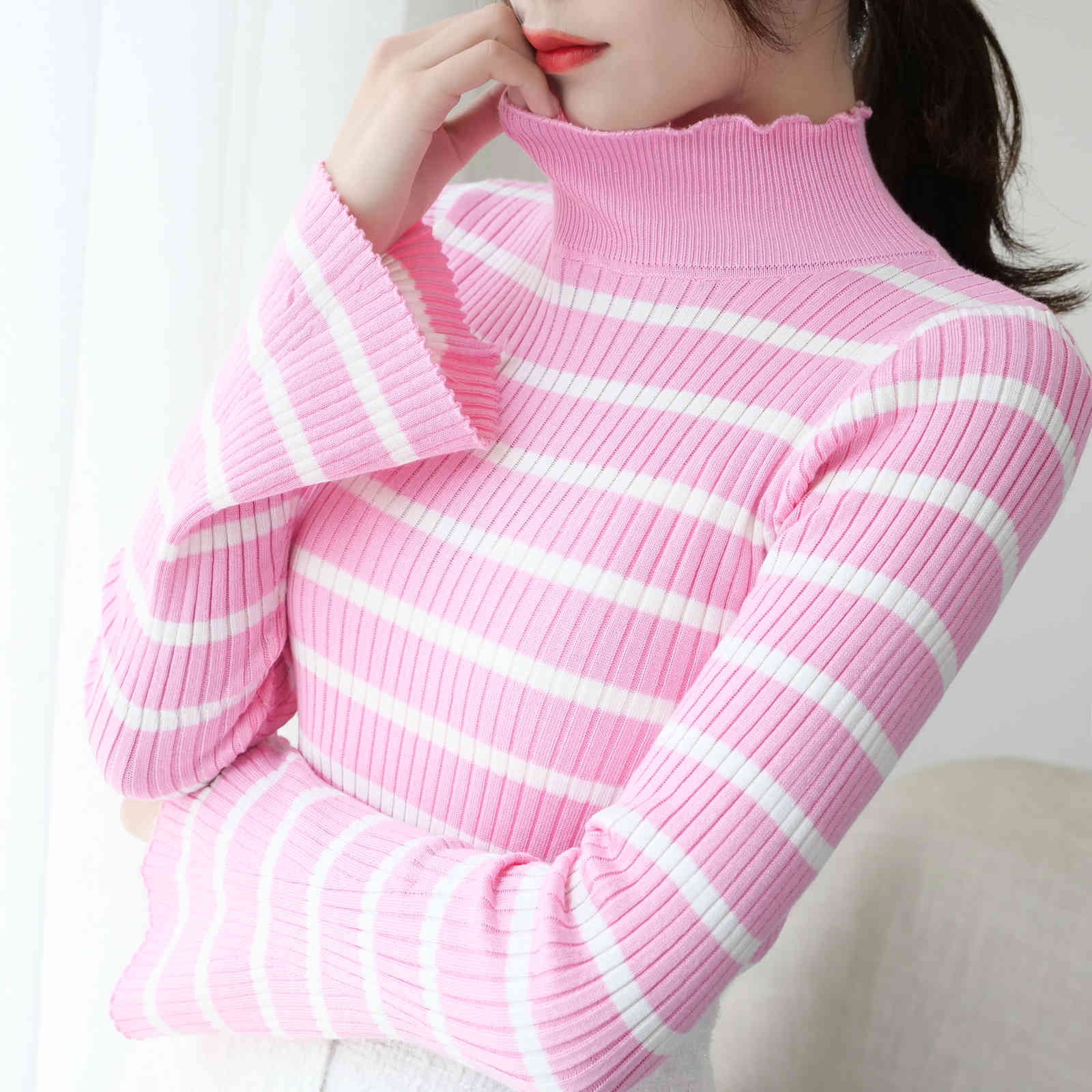 Autumn Winter Knitted Women Sweater Striped Bell Sleeve Korean Long Semi-high Collar Slim Sweet 6837 50 210510