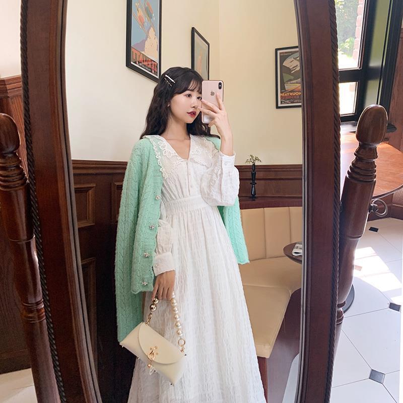White Fairy Dress Women Long Sleeve French Vintage Party Dress Female Autumn Midi Elegant Dress Korea Office Lady 210521