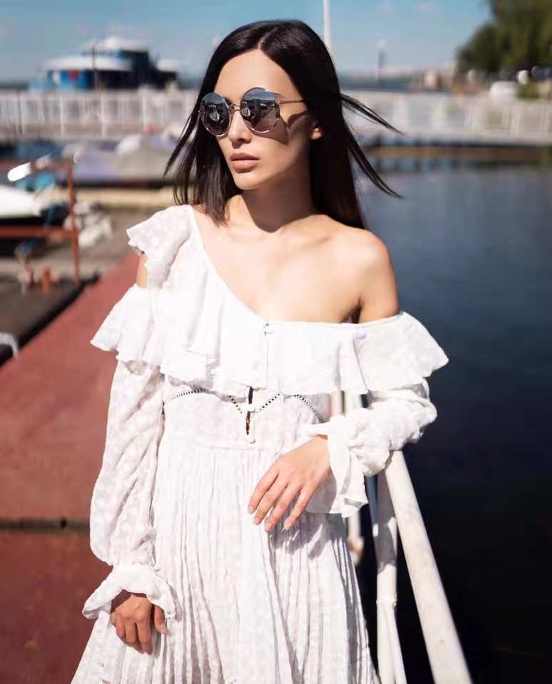 Spring Women White Long Sleeve One Shoulder Lace Ruffles Embroidery Dress Elegant Asymmetrical Runway Dresses Vestidos 210421