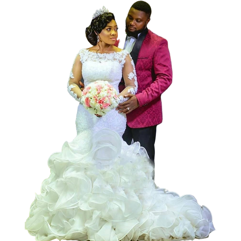 Gorgeous African Long Sleeve Mermaid Wedding Dresses 2022 Ruffles Court Train Trumpet Lace Appliques Wedding Gowns Back Lace-up Plus Size Robes de Mar