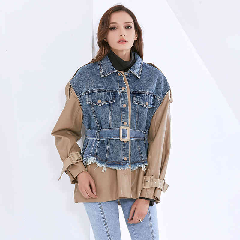 Patchwork PU Jackets For Women Lapel Long Sleeve Loose Hit Color Sashes Casual Denim Coats Female Autumn 210524