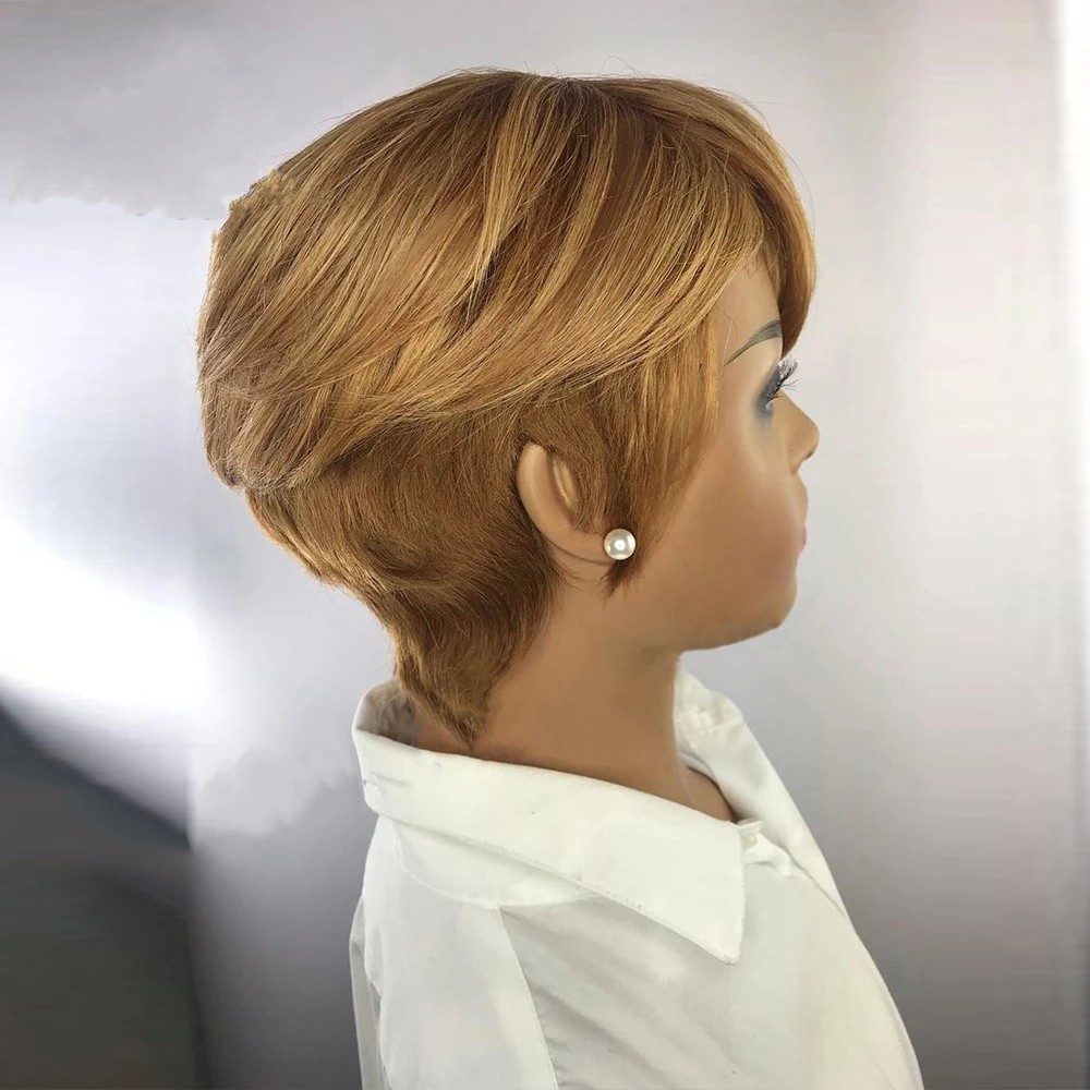 Honey Blonde Color Short Wavy Bob Pixie Cut Wig Full Machine Made Non Lace Human Hair Wigs For Black Woman Remy Brazilian Hairs