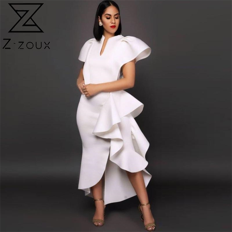 Women Dress V Neck Butterfly Sleeve Party Dresses Irregular Ruffle Hem Long Temperament White Autumn 210513
