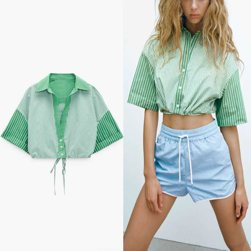 Za Green Striped Shirt Women Vintage Short Sleeve Cropped Shirts Adjustable Tie Elastic Hem Top Female Patchwork Blouse 210602
Za Green Striped Shirt Women Vintage Short Sleeve Cropped Shirts Adjustable Tie Elastic Hem Top Female Patchwork Blouse 210602