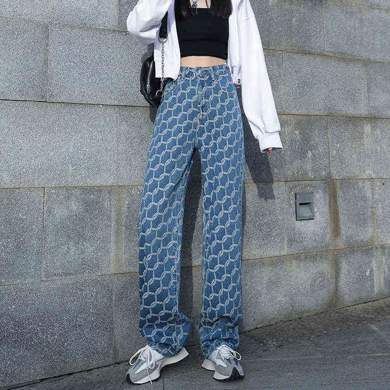Jacquard Blue Women Pants Casual Striped Retro Basic Straight Loose Plus Size Jeans Y2K Fashion Trendy Ladies Trousers 211129