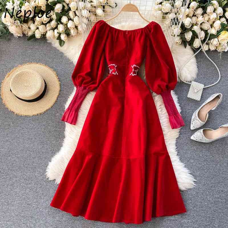 Neploe Vintage Chic Embroidery Slim Waist Dresses New Square Collar Velvet Vestidos Autumn Winter Elegant Women Dress 94586 210422