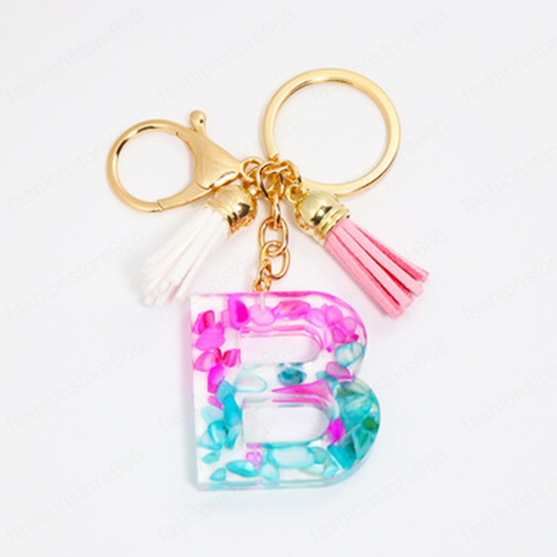 Cute Blue Red Gradient A-Z Initial Letters Keychains Tassel Pendant KeyChain Rings Car Resin Alphabet Keyring Charm Bag Jewelry