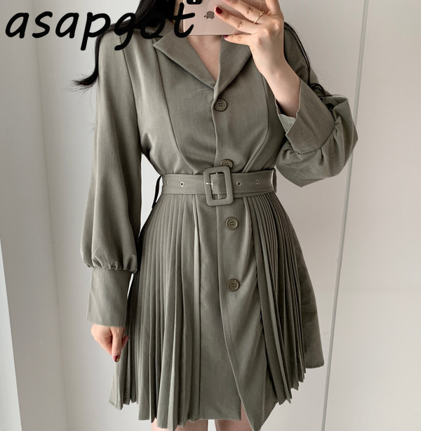 Chic Korean Retro Notched Single-breasted Pleated Dress Women Slim Waist Patchwork Bandage Suit Solid Casual Elegant Fall 210429