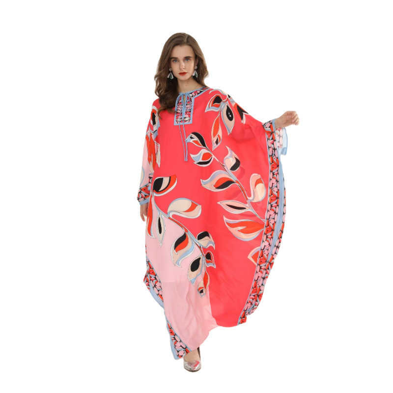 Autumn Plus Size Loose Print Big Swing O-Neck Batwing Sleeve Ankle-Length Dresses Women 210615Z