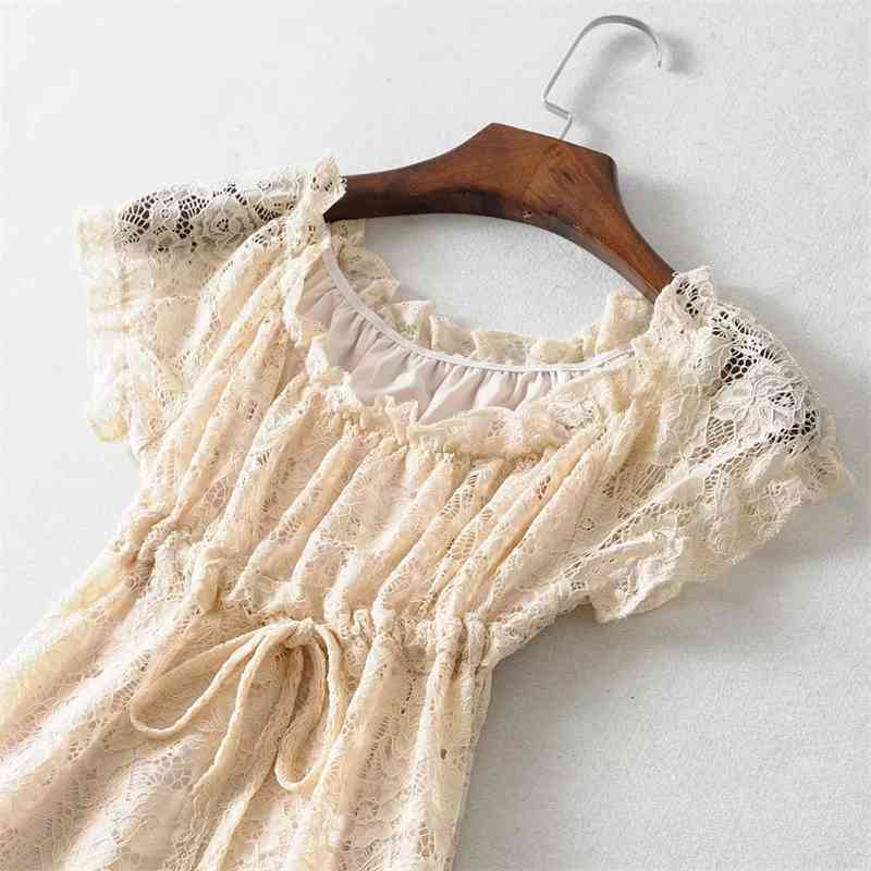 Vintage black ruffle lace dress women vestidos korean fashion short sleeve loose casual es Summer beach party 210521