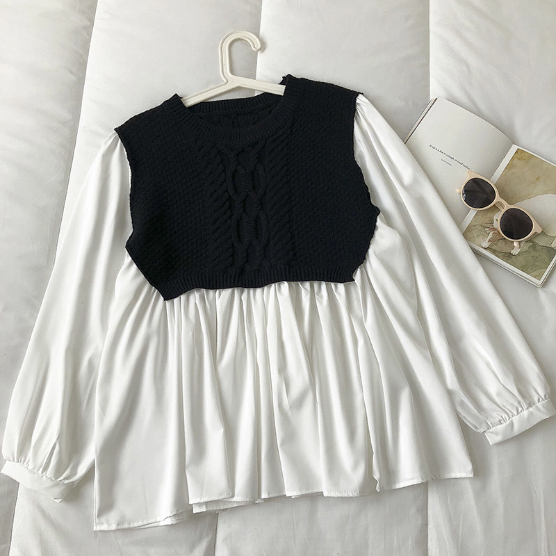 Nomikuma Twisted Knitted Patchwork Blusas Top Causal Sweet Women Doll Shirt Spring New Long Sleeve O-neck Blouses 6E096 210427