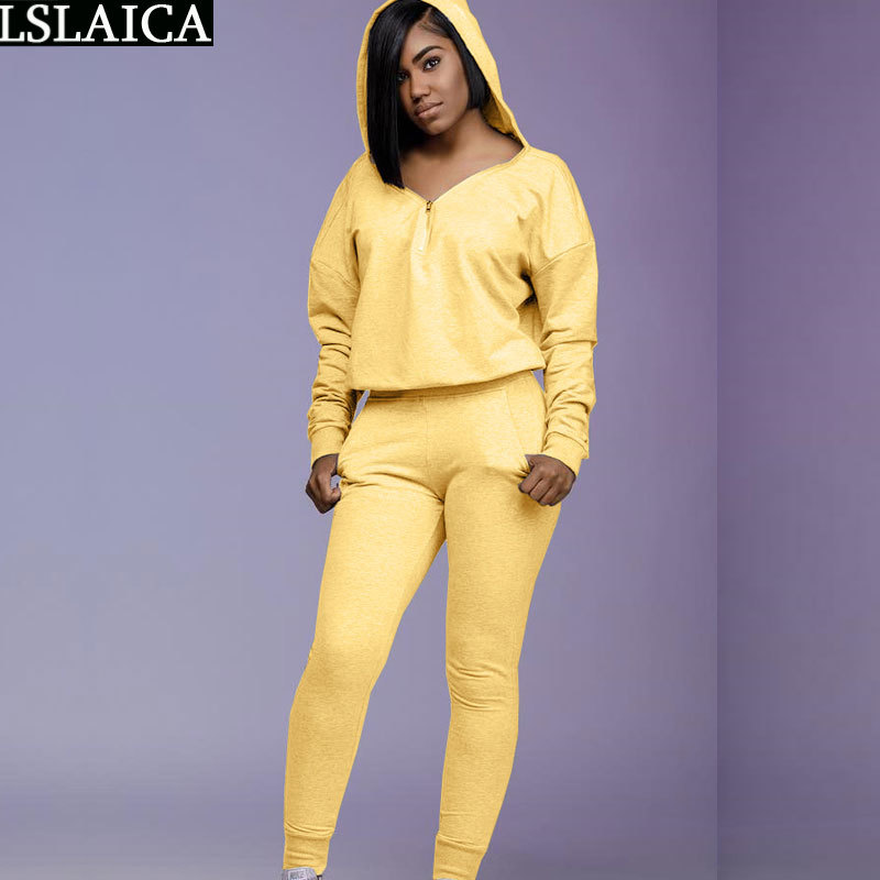 2 Piece Casual Women Sets Long Sleeve V Neck Hoodies Tops Zipper Pencil Pants Strappy Sportswear Fashion Female Tracksuit Autumn 210520
