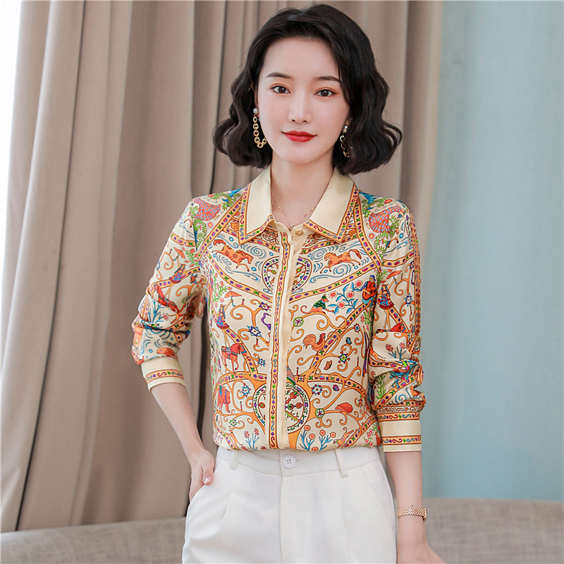 Luxury Satin Printed Runway Shirt 2023 Designer Long Sleeve Office Lady Elegant Button Up Blouse Spring Autumn Winter Vintage Fashion High-End Slim Sw