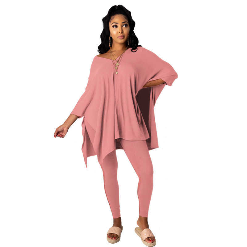 Designers Women Clothes pants 2023 autumn and winter solid color slotted V-neck bat sleeve two piece set