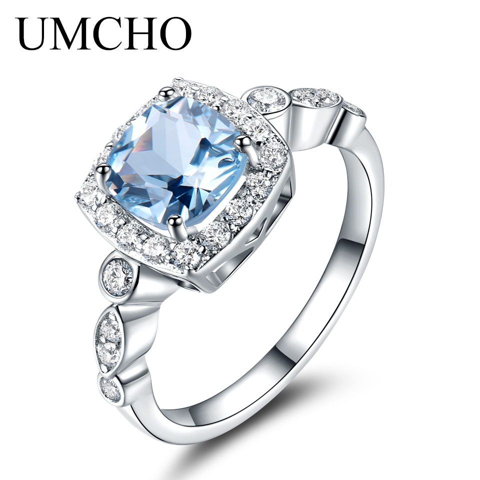 Umcho Real S925 Sterling Silver Rings For Women Blue Topaz Ring Gemstone Aquamarine Cushion Romantic Gift Engagement Jewelry Y19051803