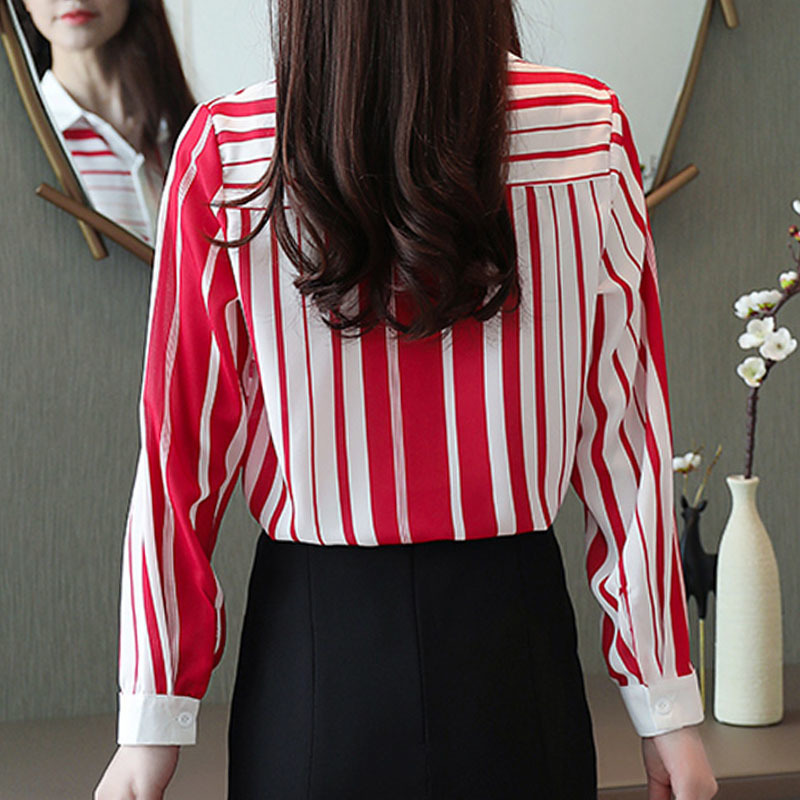 Autumn Korean Long Sleeve Shirts Turn-down Collar Chiffon Blouses Femal Slim Striped Women Tops 6108 210518