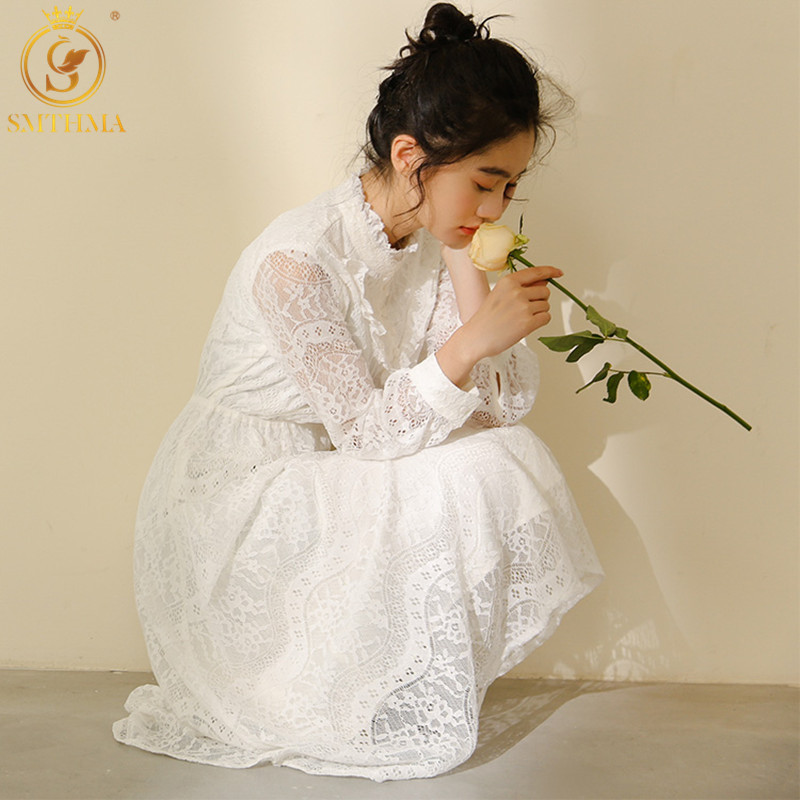 Elegant A-Line Vestidos White Dress Women Spring Long Sleeve Stand Collar Lace Ruffle Female Clothes 210520