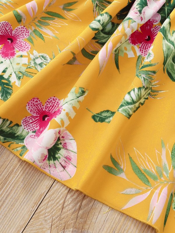 Toddler Girls Tropical Print Cold Shoulder Ruffle Trim Dress SHE