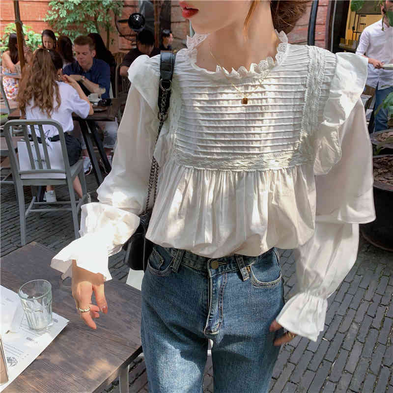 Nomikuma Sweet Ruffle Women Blouse Korean Pleated Flare Long Sleeve Shirt Autumn New Stand Neck Pullover Blusas Mujer 6C752 210427