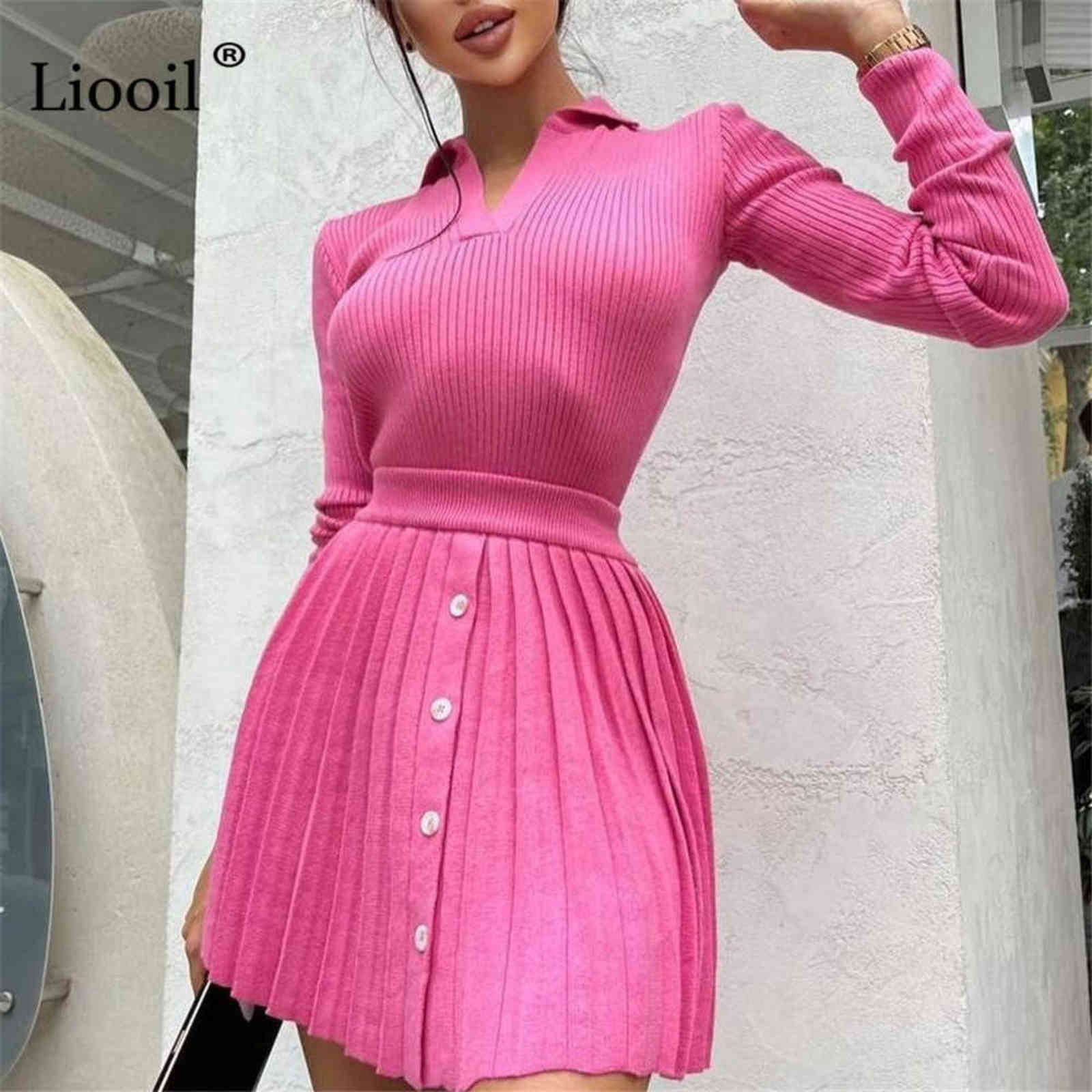 Two Piece Sweater Outfits Set Women Knitted Tops And Pleated Mini Skirts Long Sleeve V Neck Button Up Streetwear Sexy Skirt Sets 211109