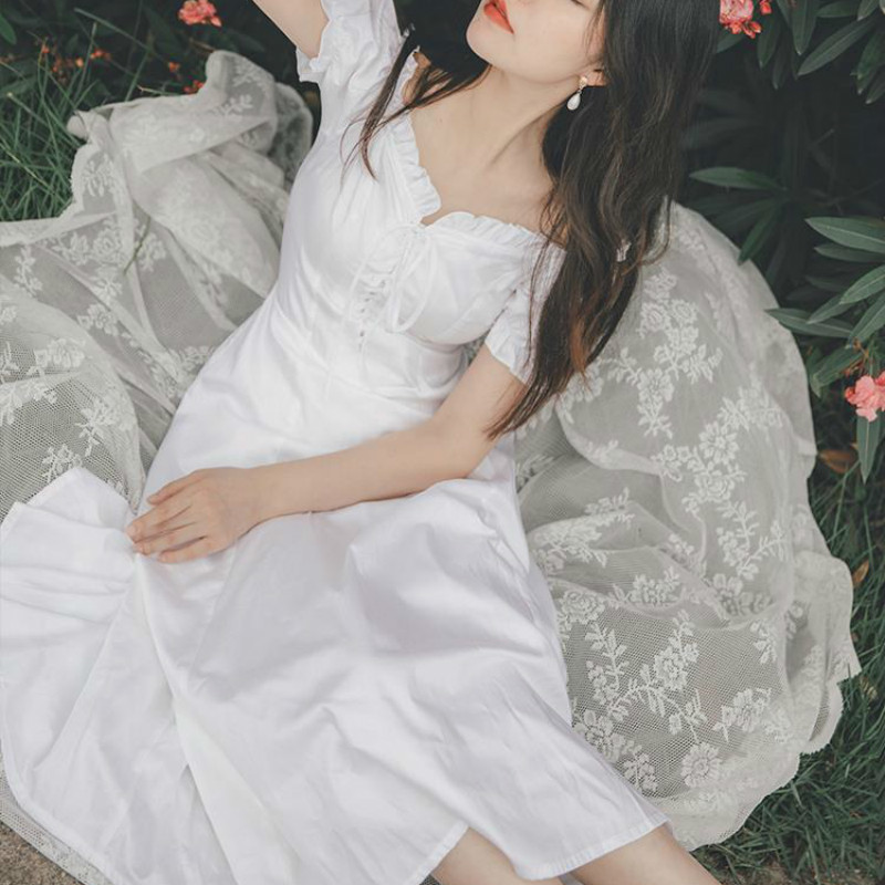 Elegant Fairy Dress Women White French Puff Sleeve Chiffon Dress Korean Japan Style Sweet Vintage Retro Summer Dress 210325